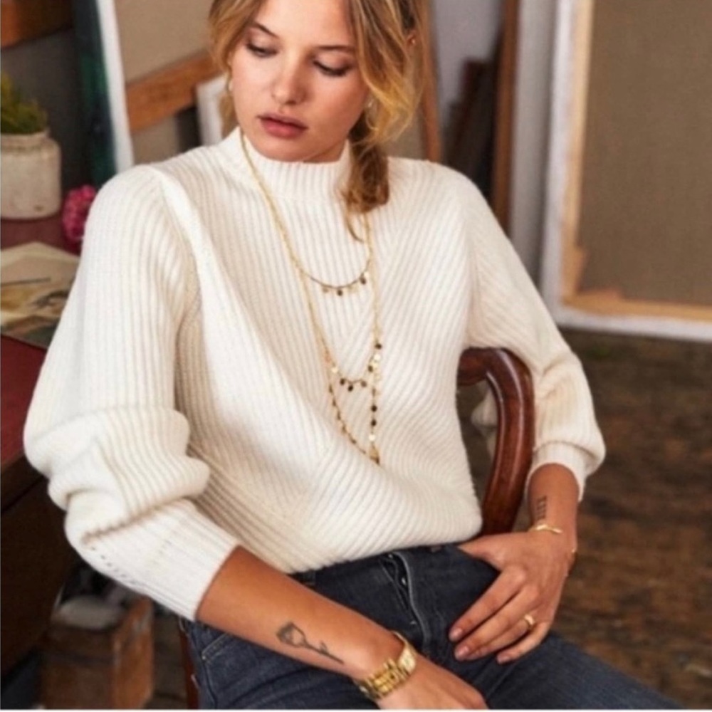 Sezane Orson Ivory Mockneck Ribbed Pullover Sweater Jumper Small Wool Alpaca